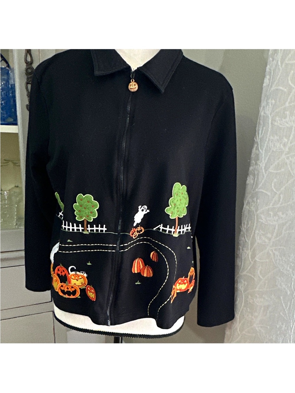 Onque Casuals Black Bomber Jacket with Orange Pumpkin and Green Tree Appliqués